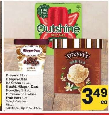 Dreyer's 48 oz., Häagen-Dazs Ice Cream 14 oz., Nestl é, Häagen-Dazs Novelties 3-5 ct., Outshine or Frollies Fruit Bars 6 ct. - Select Varieties