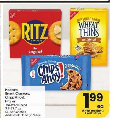 Nabisco Snack Crackers, Chips Ahoy!, Ritz or Toasted Chips - 3.5-13.7 oz. Select Varieties
Additional: Up to $5.99 ea.
