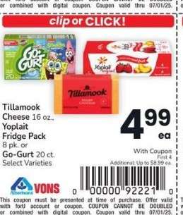Tillamook Cheese 16 oz., Yoplait Fridge Pack 8 pk. or Go-Gurt 20 ct. - Select Varieties