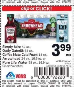 Simply Juice 52 oz., Oatly Oatmilk 64 oz., Coffee Mate Cold Foam 14 oz., Arrowhead 24 pk., 16.9 oz. or Pure Life Water 28 pk., 16.9 oz. - Select Varieties