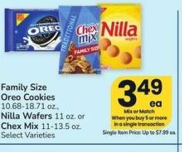 Family Size Oreo Cookies 10.68-18.71 oz., Nilla Wafers 11 oz. or Chex Mix 11-13.5 oz. - Select Varieties
Mix or Match on any 5 or more items in a single transaction.

Single Item Price: Up to $7.99 ea.