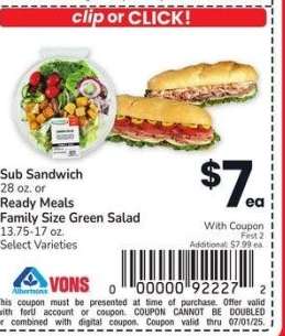 Sub Sandwich 28 oz. or Ready Meals Family Size Green Salad 13.75-17 oz. - Select Varieties