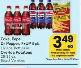 Coke, Pepsi, Dr Pepper, 7 • UP 6 pk., 16.9 oz. Bottles or Ore-Ida Potatoes 26-32 oz. - Select Varieties
Single Item Price: Up to $7.49 ea.