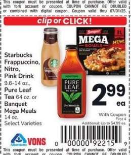Starbucks Frappuccino, Nitro, Pink Drink 9.6-14 oz., Pure Leaf Tea 64 oz. or Banquet Mega Meals 14 oz. - Select Varieties