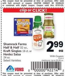 Shamrock Farms Half & Half 32 oz., Kraft Singles 16 ct. or Herdez Salsa 24 oz. - Select Varieties