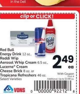 Red Bull Energy Drink 12 oz., Reddi Wip Aerosol Whip Cream 6.5 oz., Lucerne® Cream Cheese Brick 8 oz. or Tropicana Refreshers 46 oz. - Select Varieties