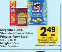 Sargento Sliced, Shredded Cheese 5-8 oz., Pringles Party Stack 6.8-7.1 oz. or Mingles 5.5 oz. - Select Varieties

Mix or Match on any 5 or more items in a single transaction.