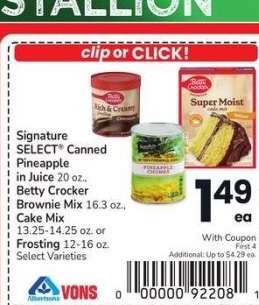 Signature SELECT® Canned Pineapple in Juice 20 oz., Betty Crocker Brownie Mix 16.3 oz., Cake Mix 13.25-14.25 oz. or Frosting 12-16 oz. - Select Varieties