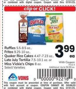 Ruffles 5.5-8.5 oz., Fritos 9.25-10 oz., Quaker Rice Cakes 4.47-7.23 oz., Late July Tortilla 7.5-10.1 oz. or Miss Vickie's Chips 8 oz. - Select Varieties