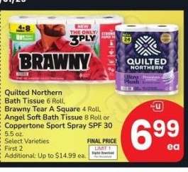 Quilted Northern Bath Tissue 6 Roll, Brawny Tear A Square 4 Roll, Angel Soft Bath Tissue 8 Roll or Coppertone Sport Spray SPF 30 5.5 oz. - Select Varieties