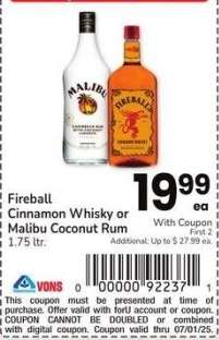 Fireball Cinnamon Whisky or Malibu Coconut Rum - 1.75 ltr.