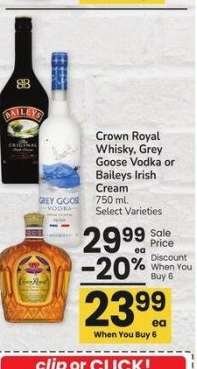 Crown Royal Whisky, Grey Goose Vodka or Baileys Irish Cream - 750 ml. Select Varieties