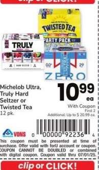 Michelob Ultra, Truly Hard Seltzer or Twisted Tea - 12 pk.