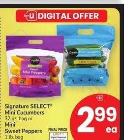 Signature SELECT® Mini Cucumbers 32 oz. bag or Mini Sweet Peppers 1 lb. bag