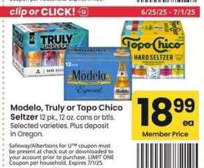 Modelo, Truly or Topo Chico Seltzer - 12 pk., 12 oz. cans or btls. Selected varieties.