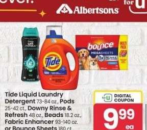 Tide Liquid Laundry Detergent 73-84 oz., Pods 25-42 ct., Downy Rinse & Refresh 48 oz., Beads 18.2 oz., Fabric Enhancer 93-140 oz. or Bounce Sheets 180 ct. - Selected varieties.