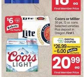 Coors or Miller - 30 pk., 12 oz. cans. Selected varieties.