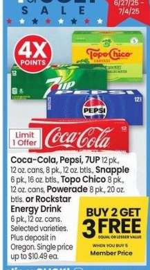 Coca-Cola, Pepsi, 7UP 12 pk., 12 oz. cans, 8 pk., 12 oz. btls., Snapple 6 pk., 16 oz. btls., Topo Chico 8 pk., 12 oz. cans, Powerade 8 pk., 20 oz. btls. or Rockstar Energy Drink 6 pk., 12 oz. cans.
