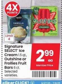 Signature SELECT® Ice Cream 1.5 qt., Outshine or Frollies Fruit Bars 6 ct. - Selected varieties.