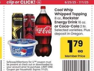 Cool Whip Whipped Topping 8 oz., Rockstar Energy Drink 16 oz. or Coca-Cola 2 ltr. - Selected varieties.