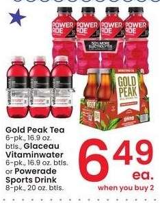 Gold Peak Tea 6-pk., 16.9 oz. btls., Glaceau Vitaminwater 6-pk., 16.9 oz. btls. or Powerade Sports Drink 8-pk., 20 oz. btls.