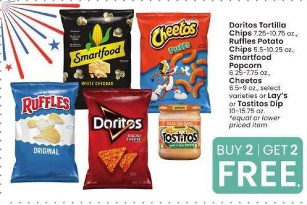 Doritos Tortilla Chips 7.25-10.75 oz., Ruffles Potato Chips 5.5-10.25 oz., Smartfood Popcorn 6.25-7.75 oz., Cheetos 6.5-9 oz., select varieties or Lay's or Tostitos Dip 10-15.75 oz.