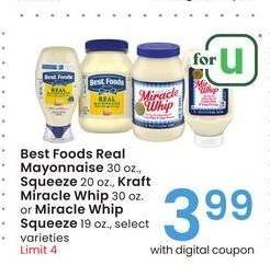 Best Foods Real Mayonnaise 30 oz., Squeeze 20 oz., Kraft Miracle Whip 30 oz. or Miracle Whip Squeeze 19 oz. - select varieties