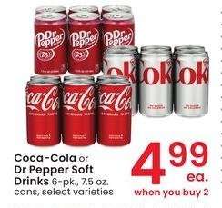 Coca-Cola or Dr Pepper Soft Drinks - 6 - pk., 7.5 oz. cans, select varieties