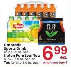 Gatorade Sports Drink 12-pk., 12 oz. btls. Lipton Pure Leaf Tea 6-pk., 16.9 oz. btls. or Tea 12-pk., 16.9 oz. btls.