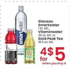 Glaceau Smartwater 1 ltr. btl., Vitaminwater 20 oz. btl. or Gold Peak Tea 18.5 oz. btl.