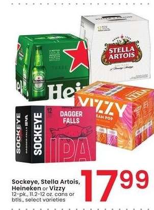 Sockeye, Stella Artois, Heineken or Vizzy - 12 - pk., 11.2-12 oz. cans or btls., select varieties
