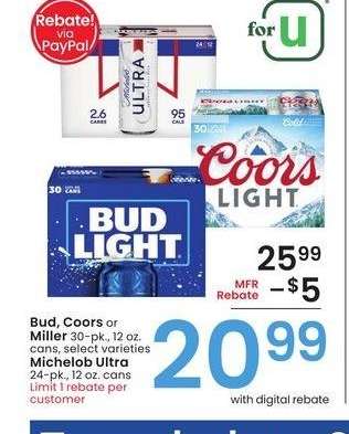 Bud, Coors, or Miller 30-pk., 12 oz. cans, Michelob Ultra 24-pk., 12 oz. cans - select varieties