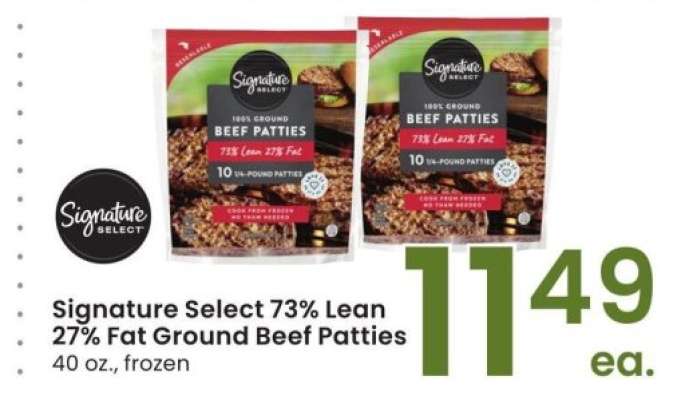 Signature Select 73% Lean 27% Fat Ground Beef Patties - 40 oz., frozen
