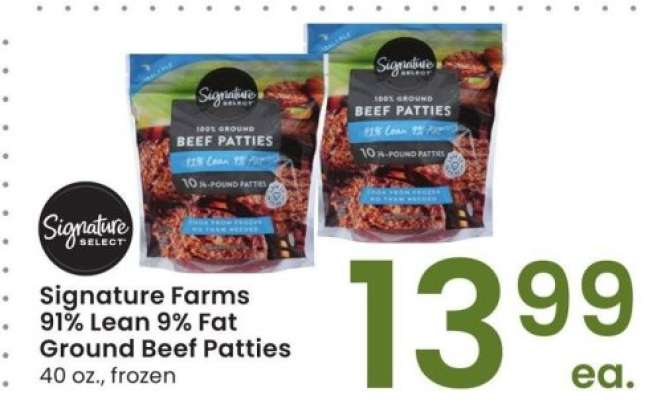 Signature Farms 91% Lean 9% Fat Ground Beef Patties - 40 oz., frozen