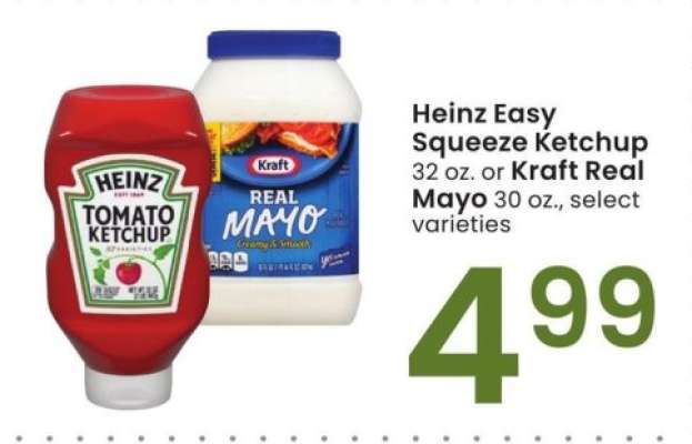 Heinz Easy Squeeze Ketchup 32 oz. or Kraft Real Mayo 30 oz., select varieties