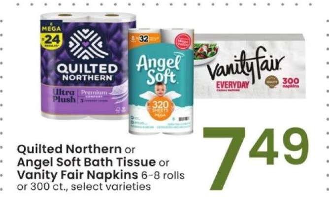 Quilted Northern or Angel Soft Bath Tissue or Vanity Fair Napkins - 6-8 rolls or 300 ct., select varieties