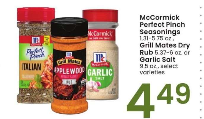 McCormick Perfect Pinch Seasonings 1.31-5.75 oz., Grill Mates Dry Rub 5.37-6 oz. or Garlic Salt 9.5 oz. - select varieties