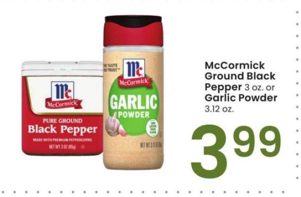 McCormick Ground Black Pepper 3 oz. or Garlic Powder 3.12 oz.