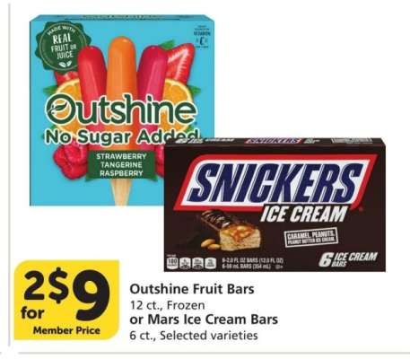 Outshine Fruit Bars 12 ct., Frozen or Mars Ice Cream Bars 6 ct. Selected varieties