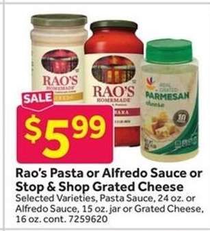Rao's Pasta or Alfredo Sauce or Stop & Shop Grated Cheese