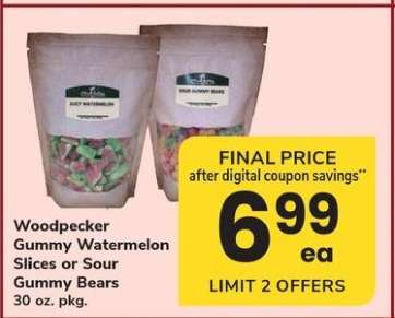 Woodpecker Gummy Watermelon Slices or Sour Gummy Bears