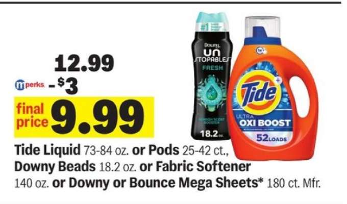 Tide Liquid or Pods, Downy Beads or Fabric Softener, Downy or Bounce Mega Sheets