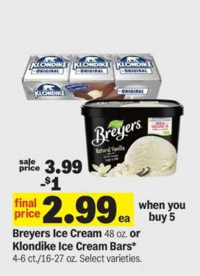 Breyers Ice Cream or Klondike Ice Cream Bars