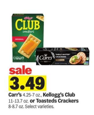 Carr’s, Kellogg’s Club or Toasteds Crackers