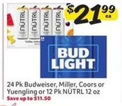 24 Pk Budweiser, Miller, Coors or Yuengling or 12 Pk NÜTRL 12 oz
