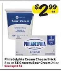 Philadelphia Cream Cheese Brick or SE Grocers Sour Cream