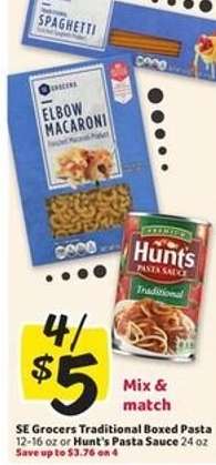 SE Grocers Traditional Boxed Pasta or Hunt's Pasta Sauce