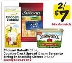 Chobani Oatmilk, Country Crock Spread, or Sargento Cheese