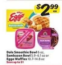 Dole Smoothie Bowl, Sambazon Bowl, Eggo Waffles