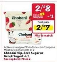 Chobani Flip, Zero Sugar or Greek Yogurt 4 ct